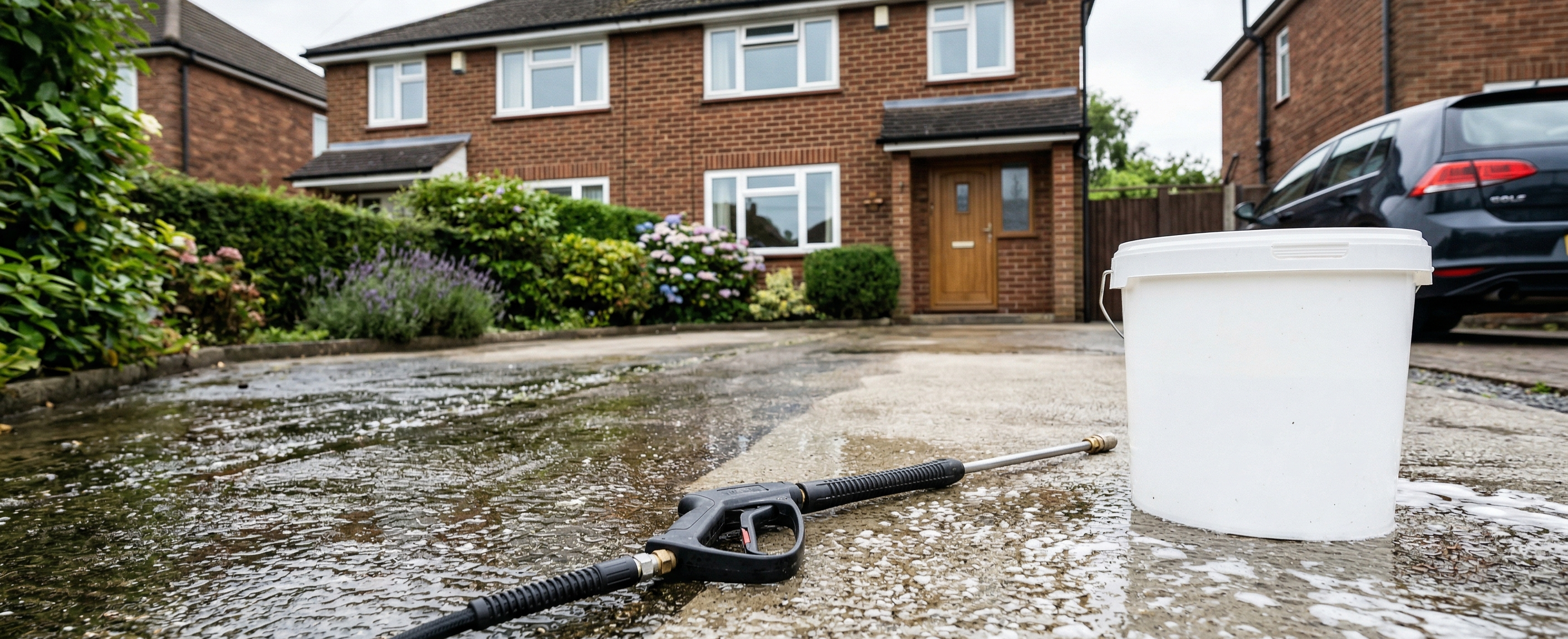 A blank bucket and pressure washer wand on a wet UK residential concrete driveway during cleaning.