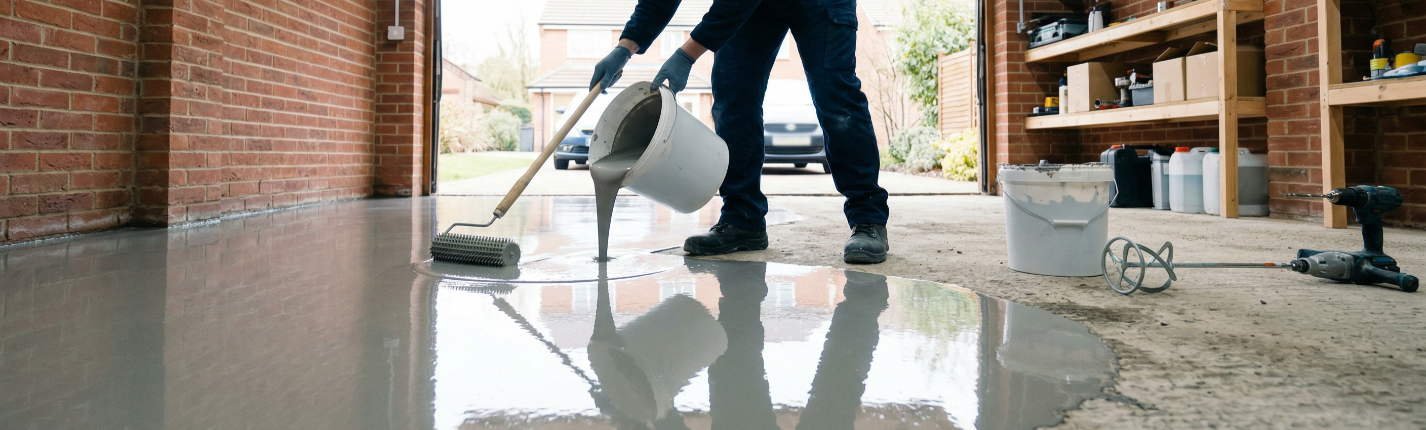 Pouring a professional self-leveling compound onto an uneven concrete garage floor in the UK.