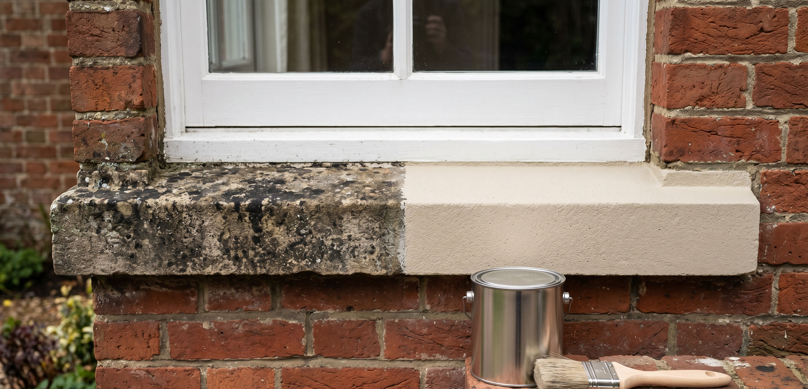 Professional restoration of weathered cast stone headers using masonry paint and deep cleaning techniques.