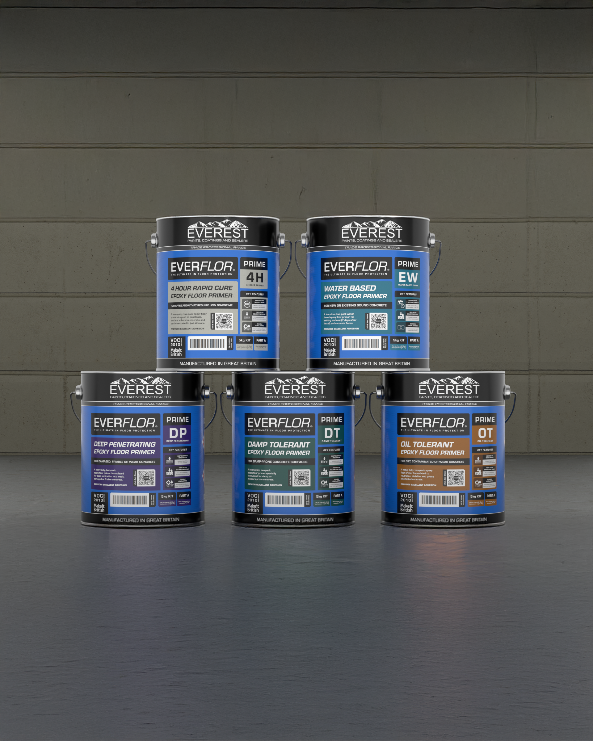 Collection of Everest Everflor floor finish containers on a gray background