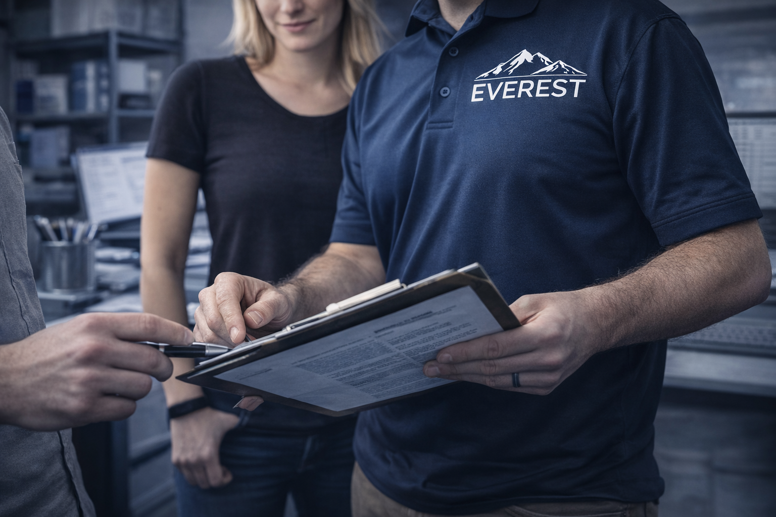 Person in Everest shirt holding a clipboard with two other people in a warehouse setting