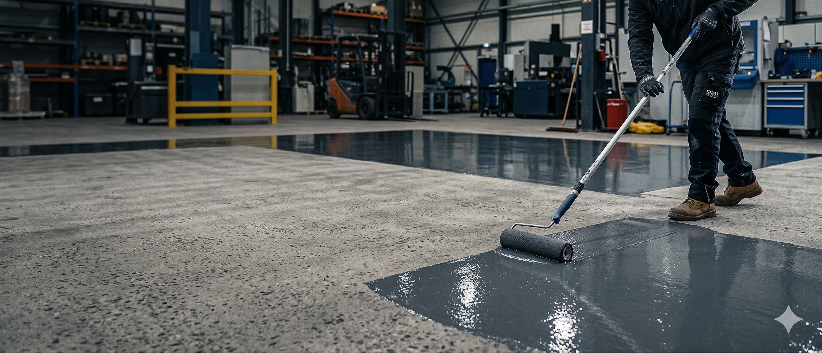 Person using a roller to apply a gray substance on a floor in a warehouse setting.