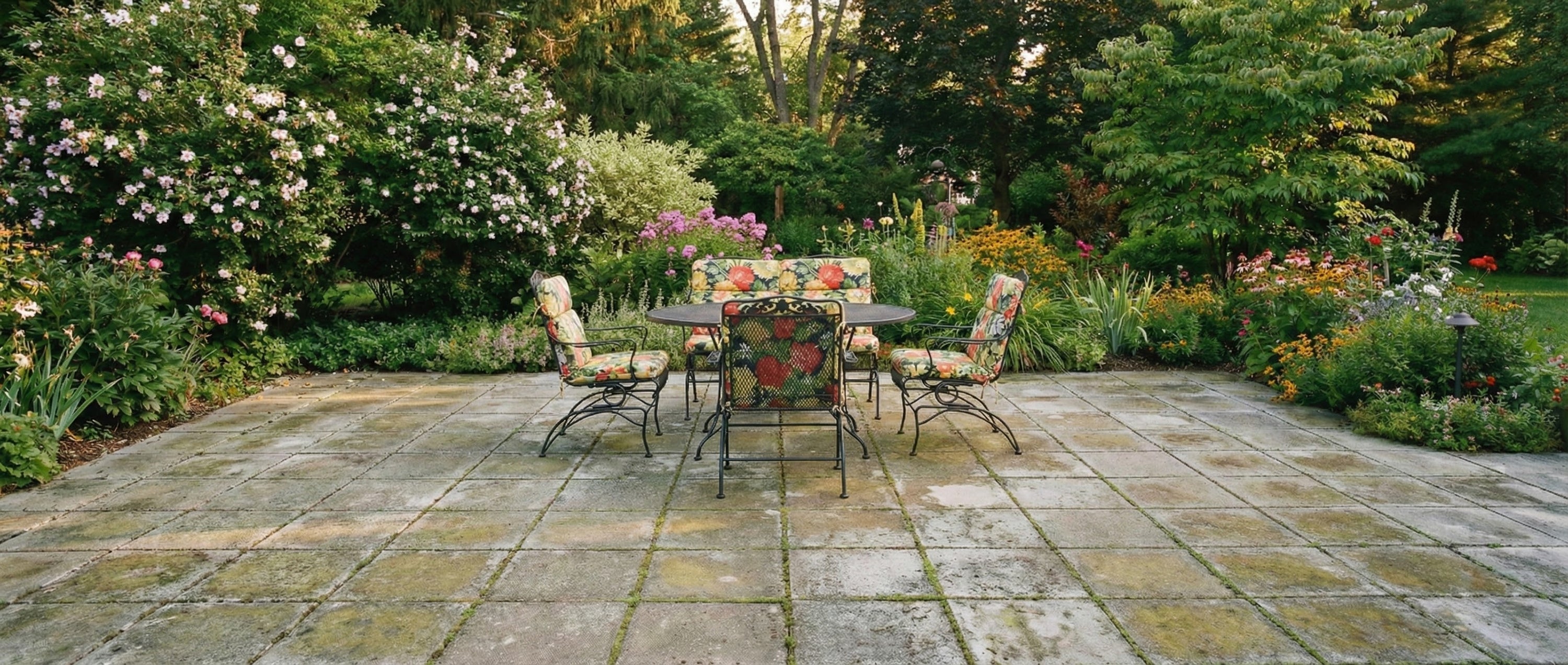 Outdoor patio with garden furniture and flowers