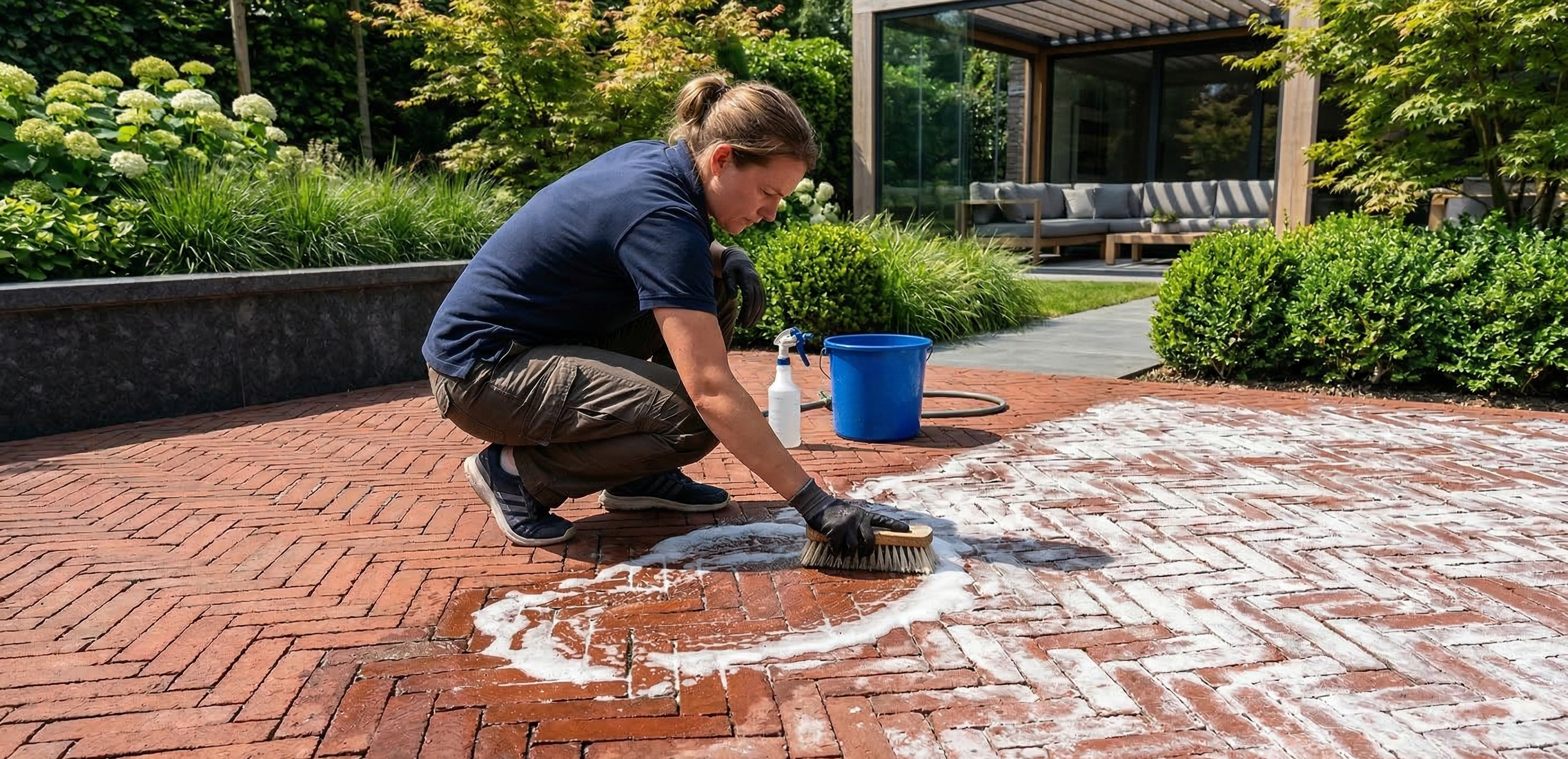 Scrubbing away white powdery efflorescence from red clay patio pavers with a stiff brush.