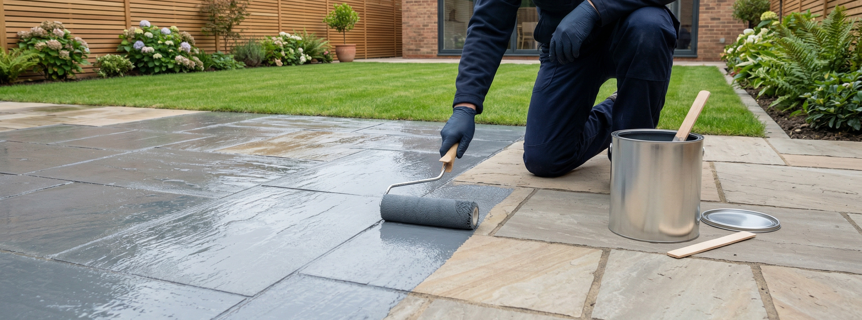 Applying a breathable water-based acrylic paint to natural stone patio tiles in a UK garden.