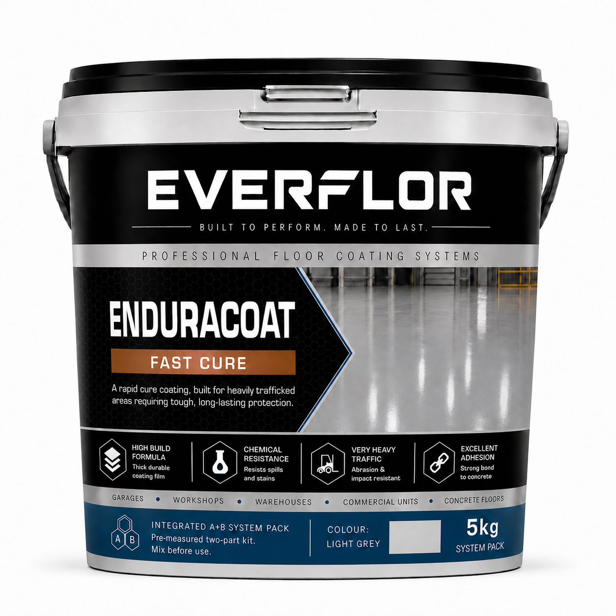 A 5kg bucket of Everflor Enduracoat Fast Cure system paint, featuring a black and silver container with a detailed label for professional floor coating.