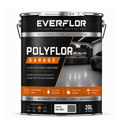 A 20L can of Everflor Polyflor Garage floor paint in 'Colour Mid Grey', featuring a black and silver label with orange accents and a photo of a garage interior.