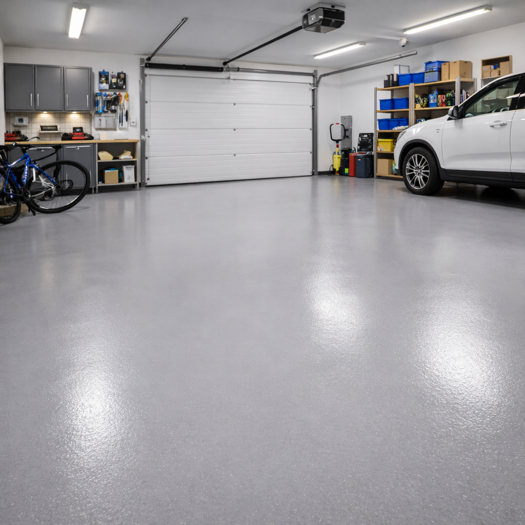 Garage with a white car, bicycle, and storage shelves.