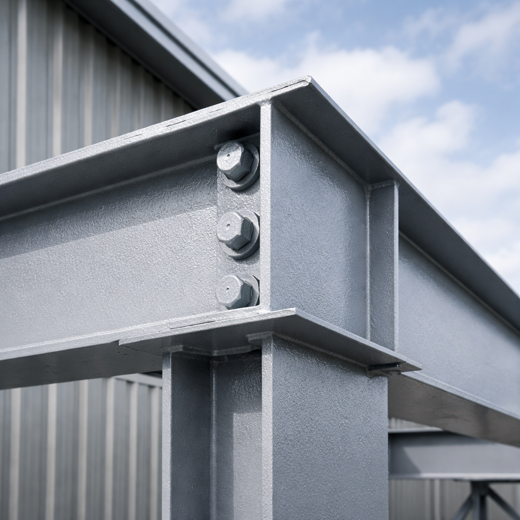 Close-up of metal structural beams with bolts against a blue sky.
