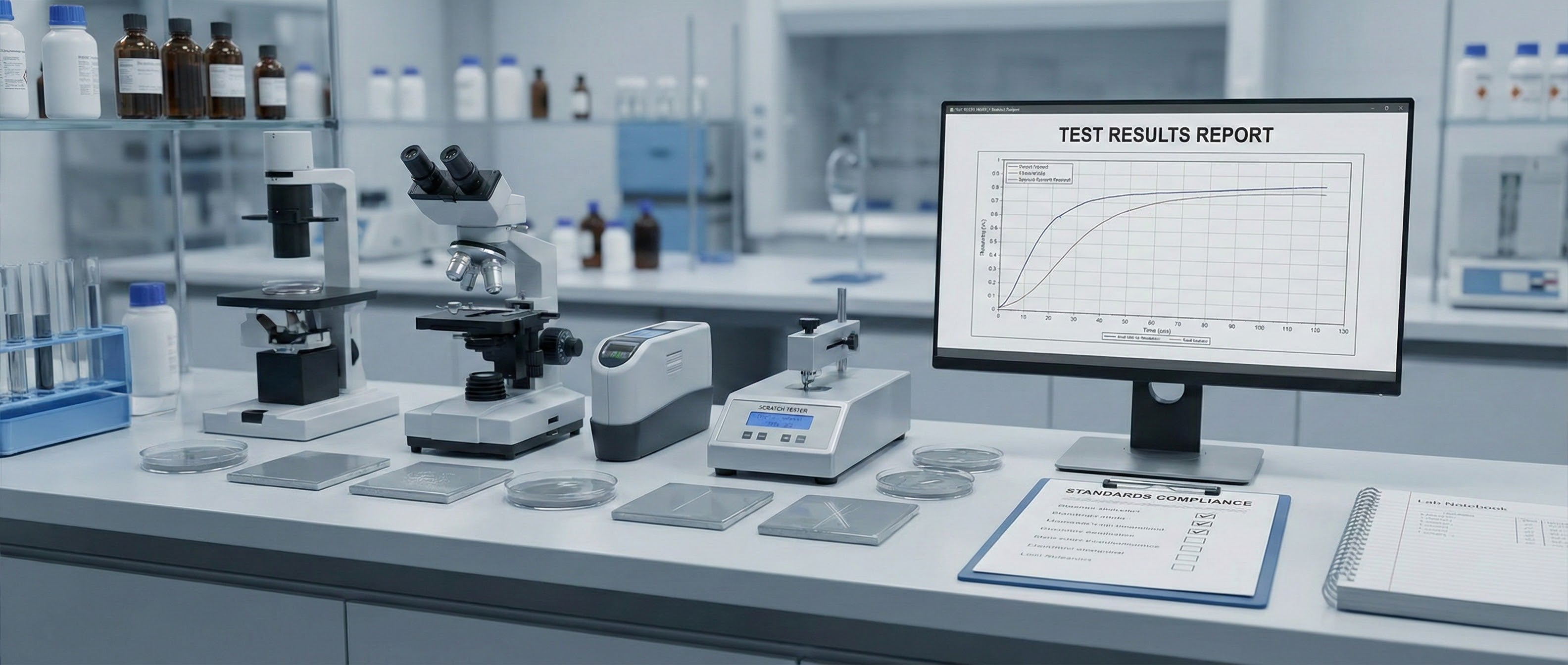 Laboratory setting with scientific equipment and a computer displaying test results.